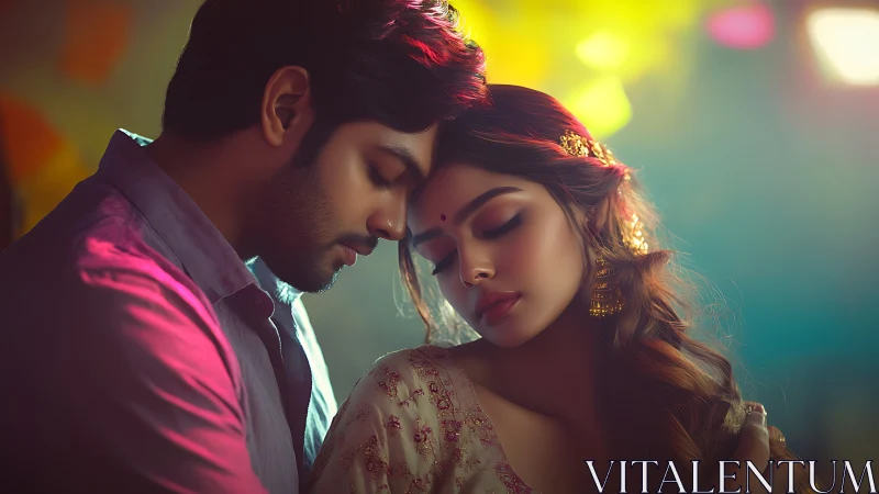 Romantic couple shares intimate moment beneath vibrant neon glow.