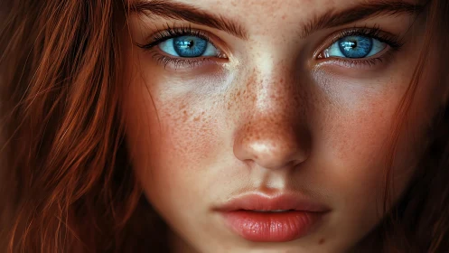 Close-up portrait of freckled face with bright blue eyes.