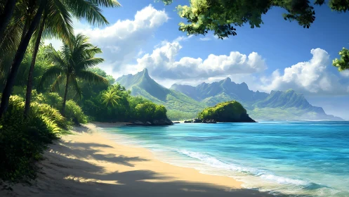 Tropical Coastline with Verdant Mountains and Crystalline Waters.