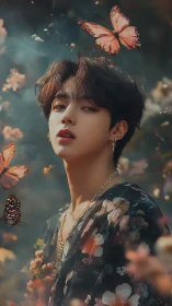 Ethereal youth amid drifting butterflies and floral haze.