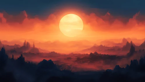 Fiery alien landscape under huge glowing sun at dusk.