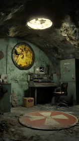 Abandoned radiation control bunker with corroded consoles.