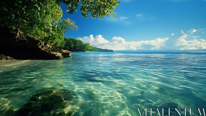 Coastal inlet with clear shallows and dense shoreline foliage.