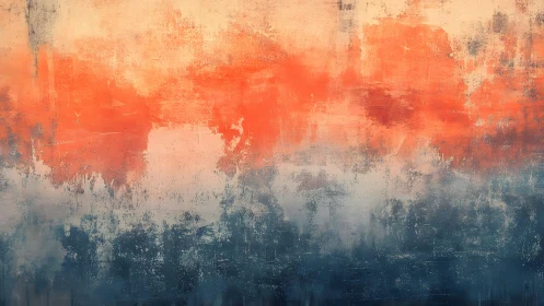 Abstract sunset-inspired textured painting in warm and cool tones.