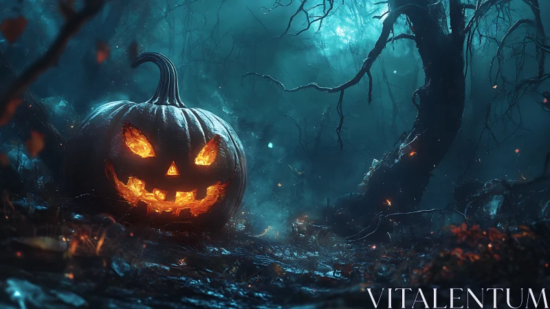 Glowing jack o’ lantern smiles warmly in a misty haunted forest