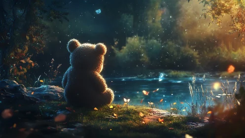 Teddy bear watches enchanted riverside glow at twilight.