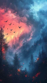 Forest Ablaze: Apocalyptic Sky and Fleeing Birds.