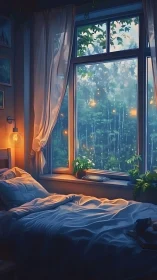 Interior bedroom scene shows bed, window, and exterior forest