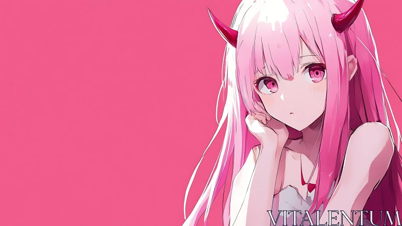 Melancholic pink demon girl gazes softly into empty space