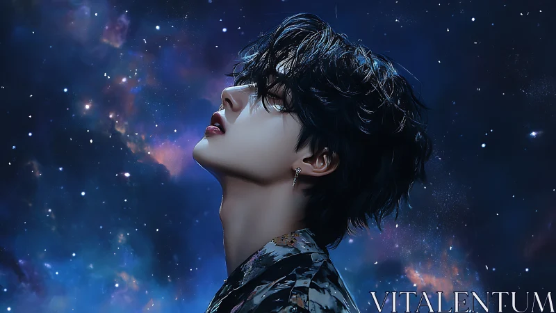 Digital painting portrait in cosmic profile against nebula field.