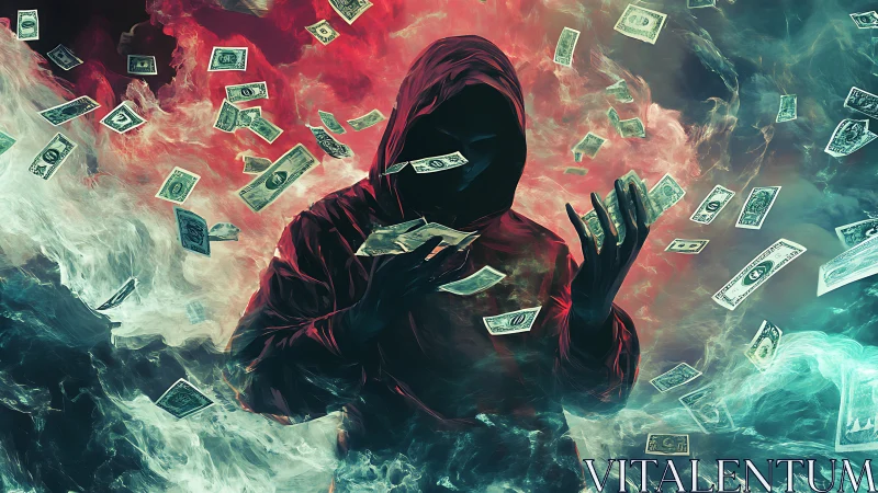 Hooded figure in swirling smoke surrounded by flying money.