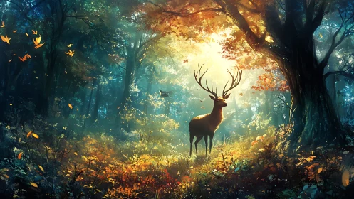 Gentle stag paused in glowing, dreamlit forest sanctuary.
