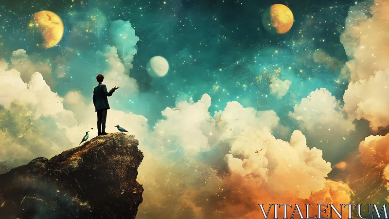 Boy on a star-sprinkled cliff courting three dream moons.