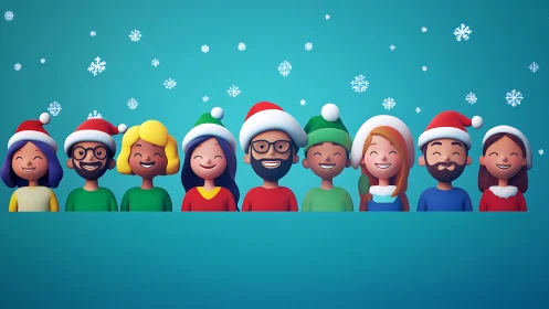 Smiling cartoon friends wear Santa hats under falling snowflakes