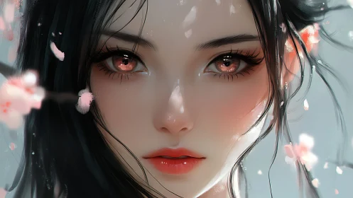 Spring-lit anime portrait shows soft petals framing gaze