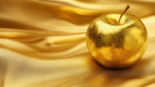 Golden apple rests on satin draped surface, dewy highlights.