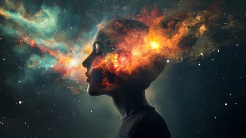 Cosmic human profile dissolves into swirling galactic fire.