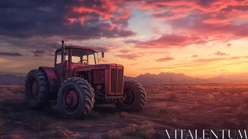 Red agricultural tractor in dry open field at sunset.