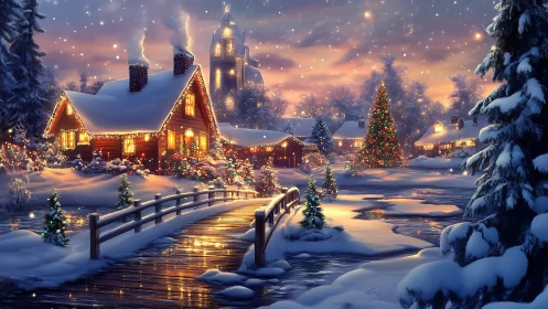 Snowy village with illuminated cottages and Christmas lights.