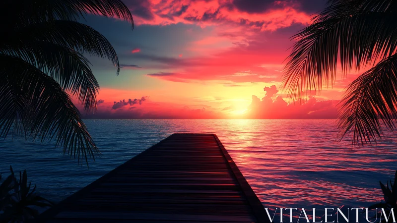 Wooden pier extends into calm ocean under vivid sunset