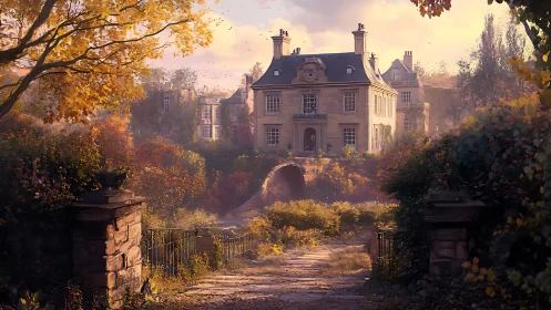 Autumnal French manor with axial path and atmospheric depth.