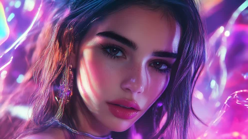 Neon lit digital portrait of young woman in iridescent bokeh glow