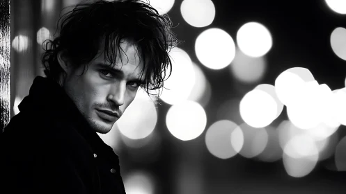 Moody monochrome portrait against urban night bokeh glow.