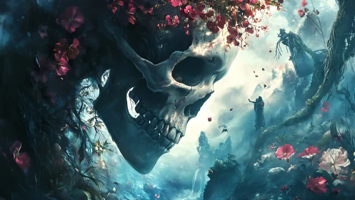 Colossal floral skull dominates mist-laden fantasy ravine