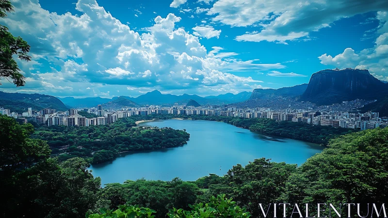 Panoramic urban lagoon encircled by dense greenery and peaks