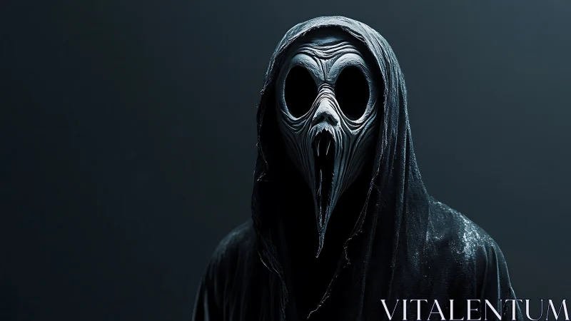 Hooded skeletal figure with elongated beak mask in shadow.