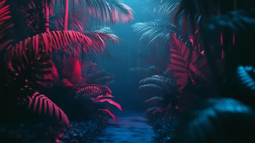 Neon jungle corridor aglow with electric moonlit hush.