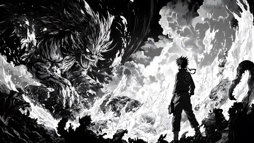 Monochrome anime warrior confronting colossal raging beast.
