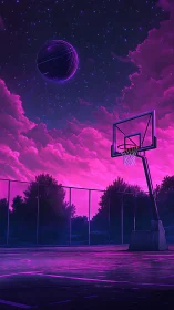 Neon dusk basketball court under cosmic violet skyline.