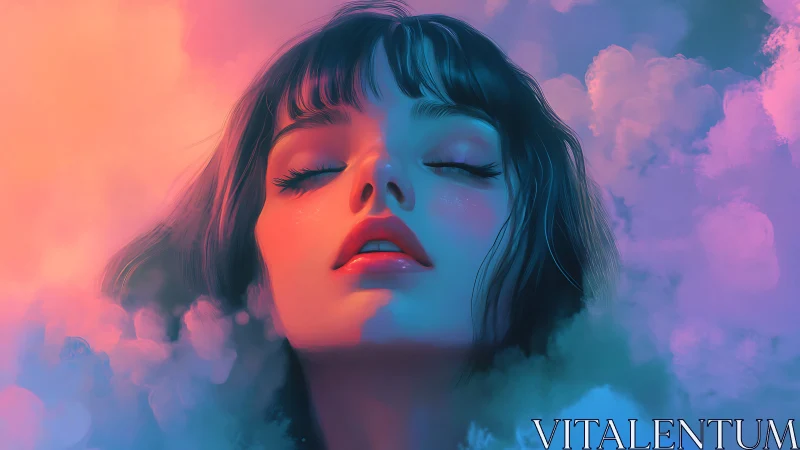 Woman’s illuminated face emerges from soft colored clouds