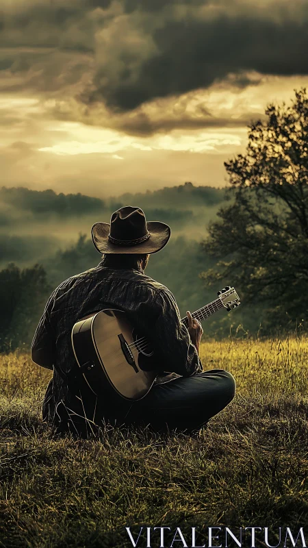 Lone guitarist in sunset meadow under stormy clouds.