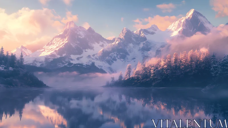Alpenglow illuminates snow-clad peaks above a mirrored lake