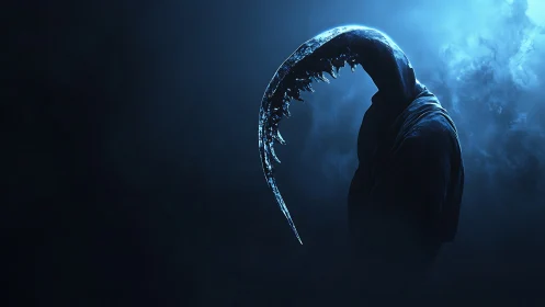 Mysterious hooded figure with a glowing crescent head.