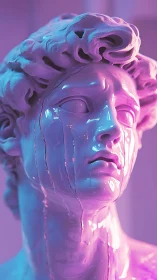 Neon lit classical bust with glossy melting surface effect