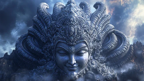 Celestial metal goddess smiles through stormlit cosmic clouds