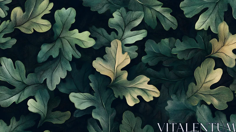 Layered fig leaves pattern in muted green and beige tones.