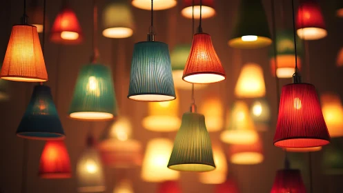 Colorful hanging lamps glow softly in a cozy, welcoming scene