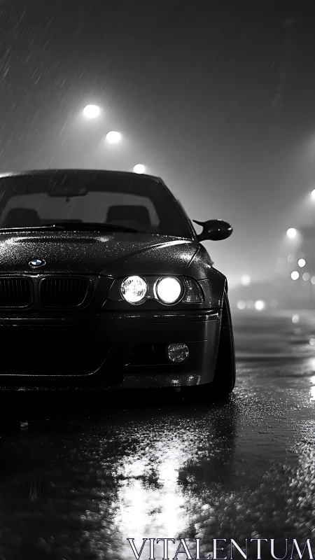 Rain-soaked BMW waits under city lights at midnight streets.