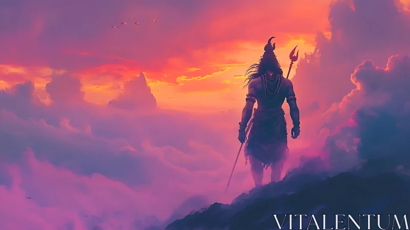 Backlit mythic warrior silhouette against volumetric cloud sunset