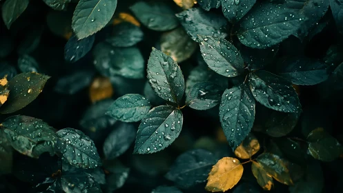 Emerald foliage with raindrops in moody low-key lighting.