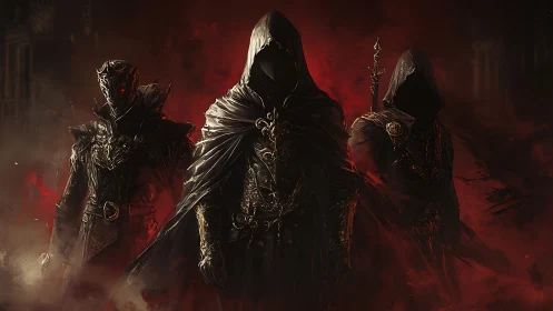 Shadowbound trio stands in burning crimson mist of power