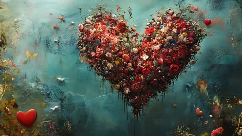 Blooming Heart Cascade: Floral Dreams Drift Through Teal Infinity.