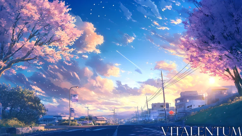 Spring urban boulevard under cherry blossoms at sunrise