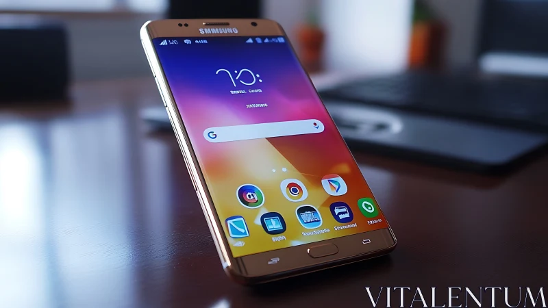 Samsung Galaxy smartphone displaying vibrant gradient home screen on desk
