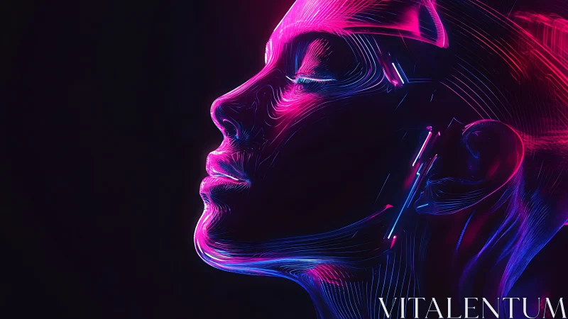 Neon side profile of stylized human head on dark background.