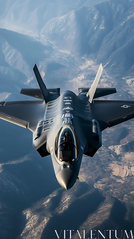 Stealth hawk knifes through mountain haze at blue dawn.